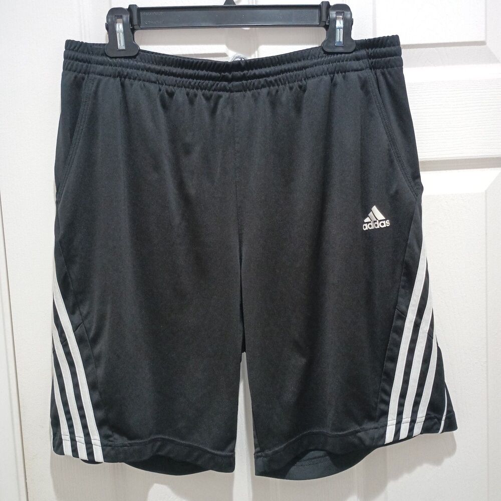Adidas Men’s "L " Black Athletic Shorts White 3-Stripes Drawstring Pockets